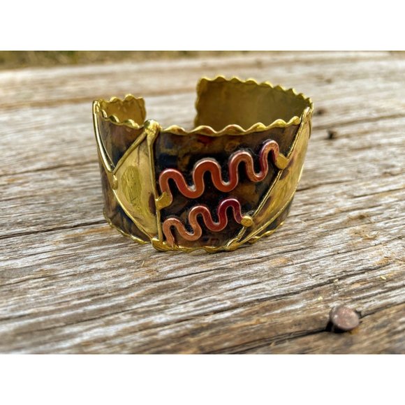 Vintage Brass and Copper bangle Cuff Bracelet Brutalist Abstract - Picture 2 of 12
